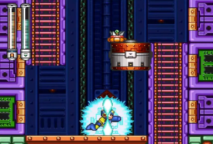Mega Man shooting the generator from technically the left in  Junk Man's stage.