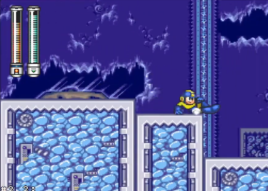 Mega Man sliding at the end of Freeze screen 7. Jump from here on to screen 8 holding up