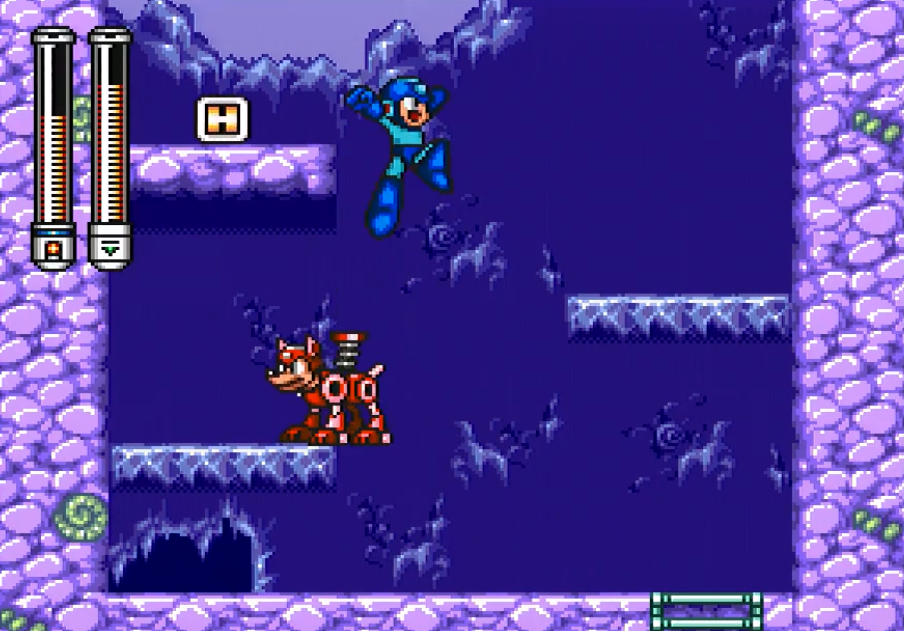 Mega Man using Rush Coil to collect the Freeze Man Rush Super Adapter letter