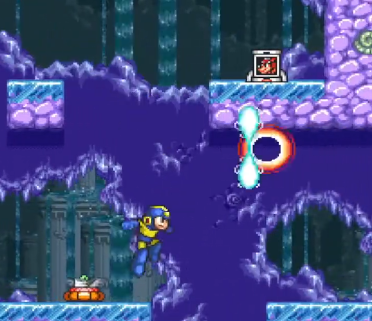 Mega Man dropping to the platform below Rush Search, shooting the turret as he falls